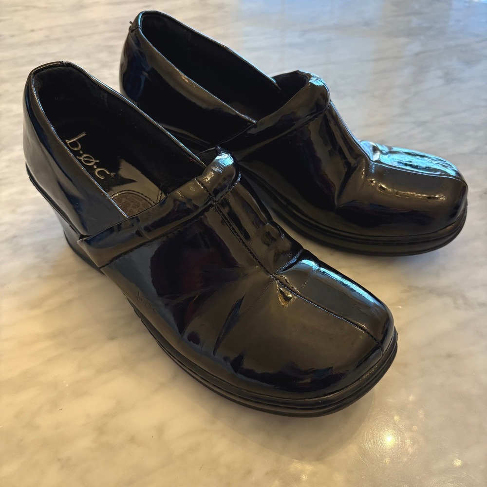 BOC Born Concept Black Patent Leather Clogs Wedge Heel Comfort Shoes EU 40.5